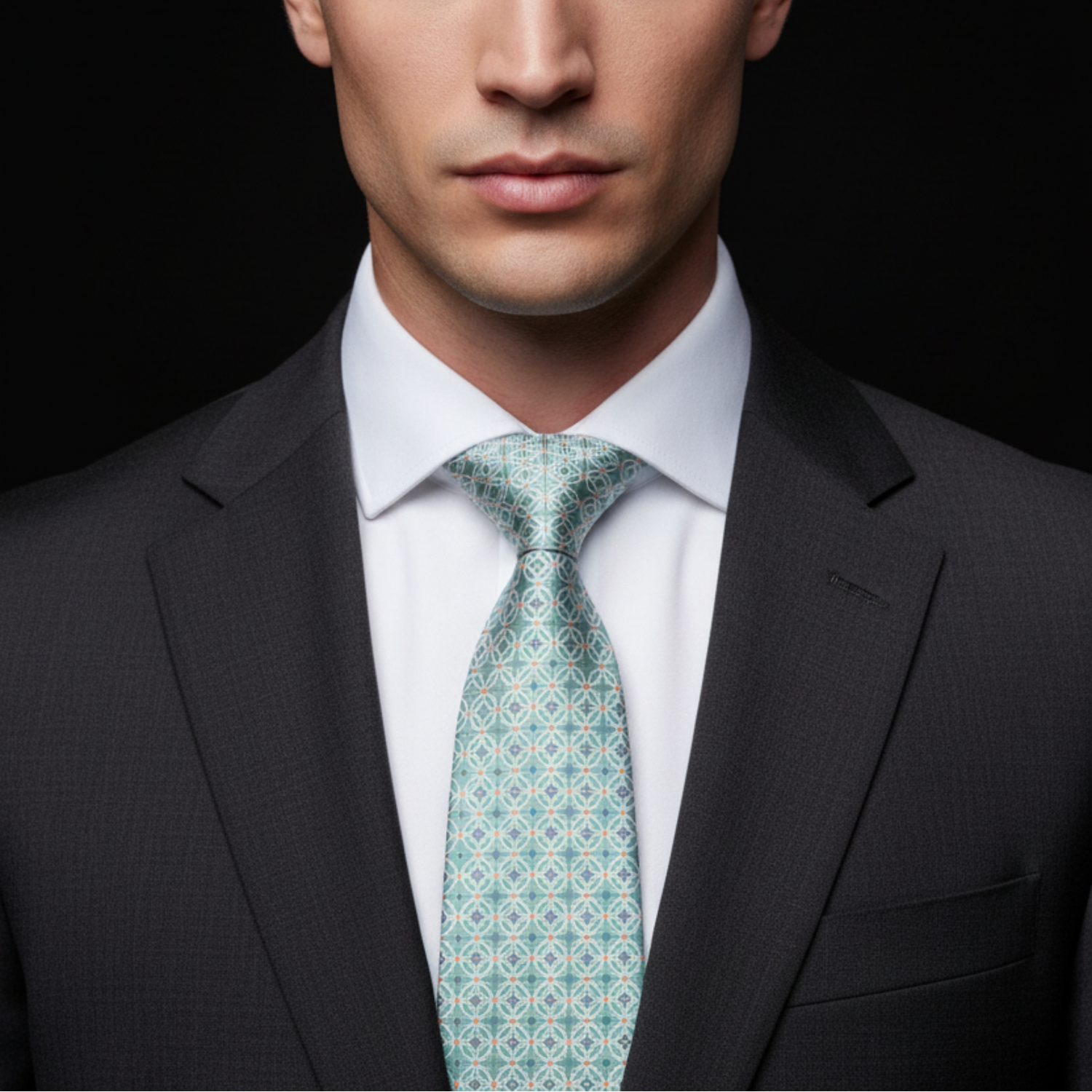 Man wearing a dark suit with a white shirt and patterned green tie on a black background