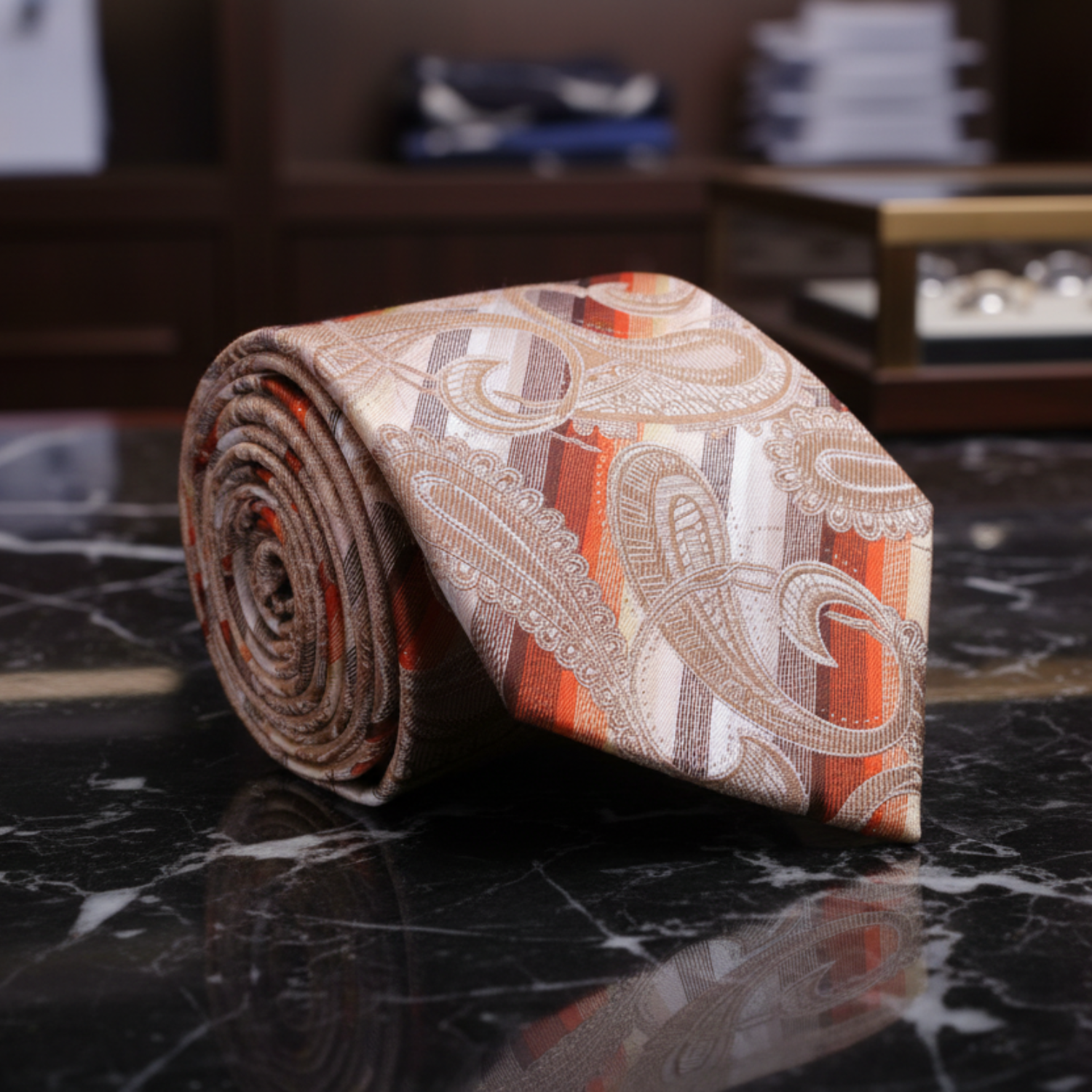 Pale Peach Light Brown Red Yellow Paisley Necktie 