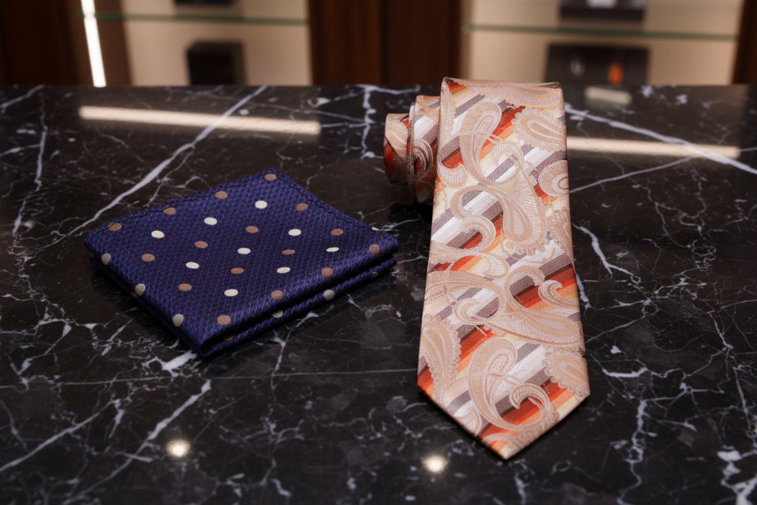Alt Pale Peach Light Brown Red Yellow Paisley Necktie and Accenting Square