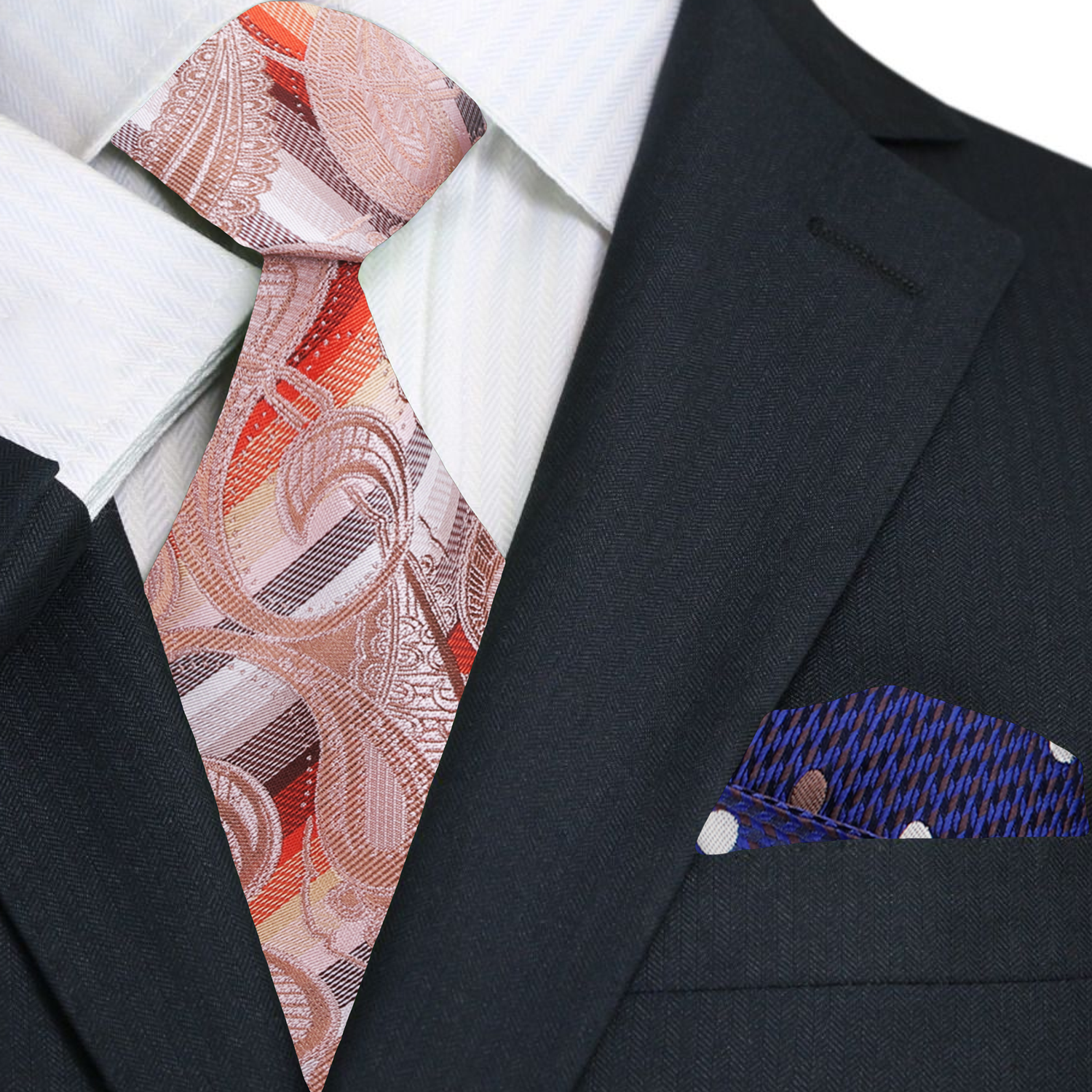 Pale Peach Light Brown Red Yellow Paisley Necktie and Accenting Square