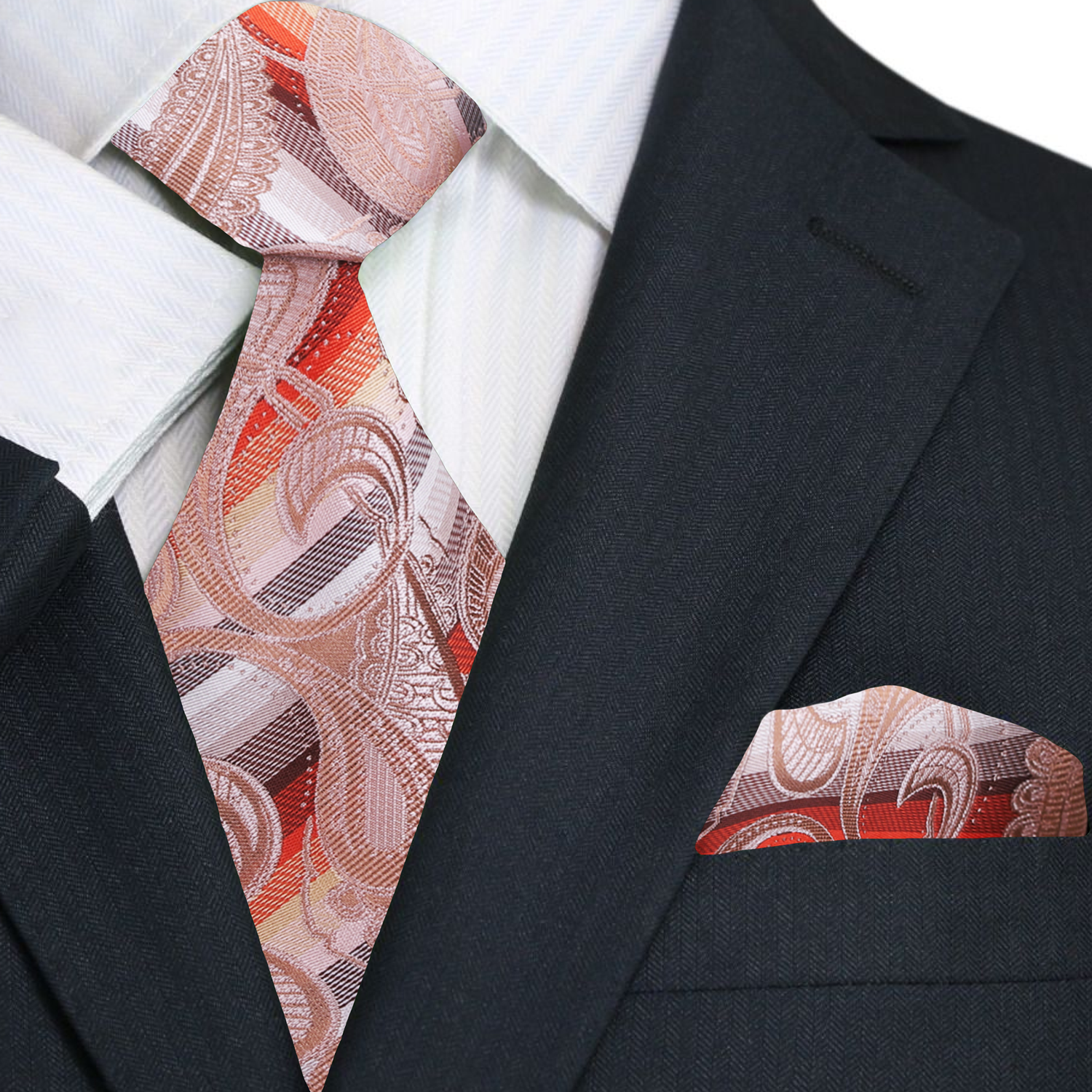 Pale Peach Light Brown Red Yellow Paisley Necktie and Square