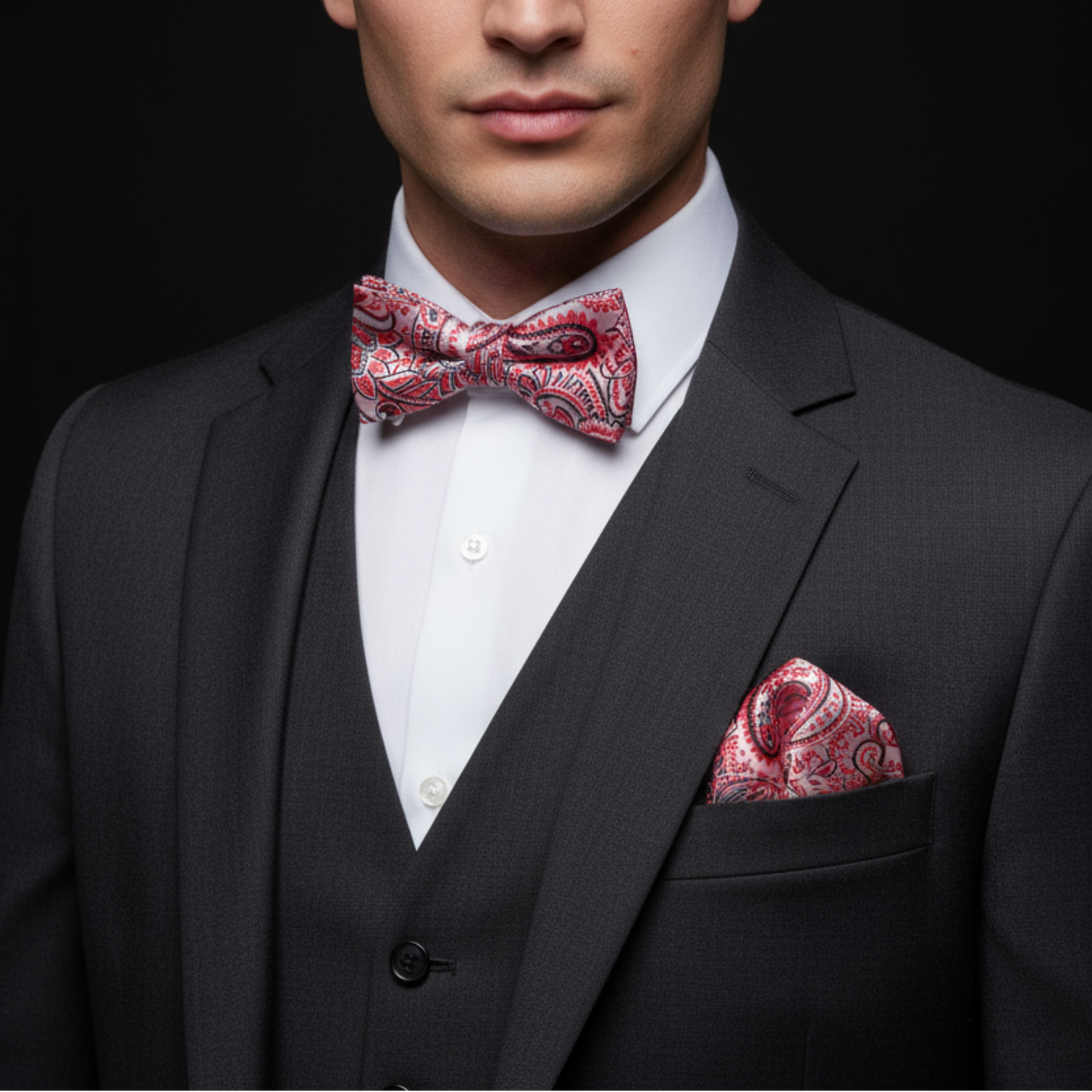 Man wearing a black suit with a red paisley bow tie and pocket square on a black background