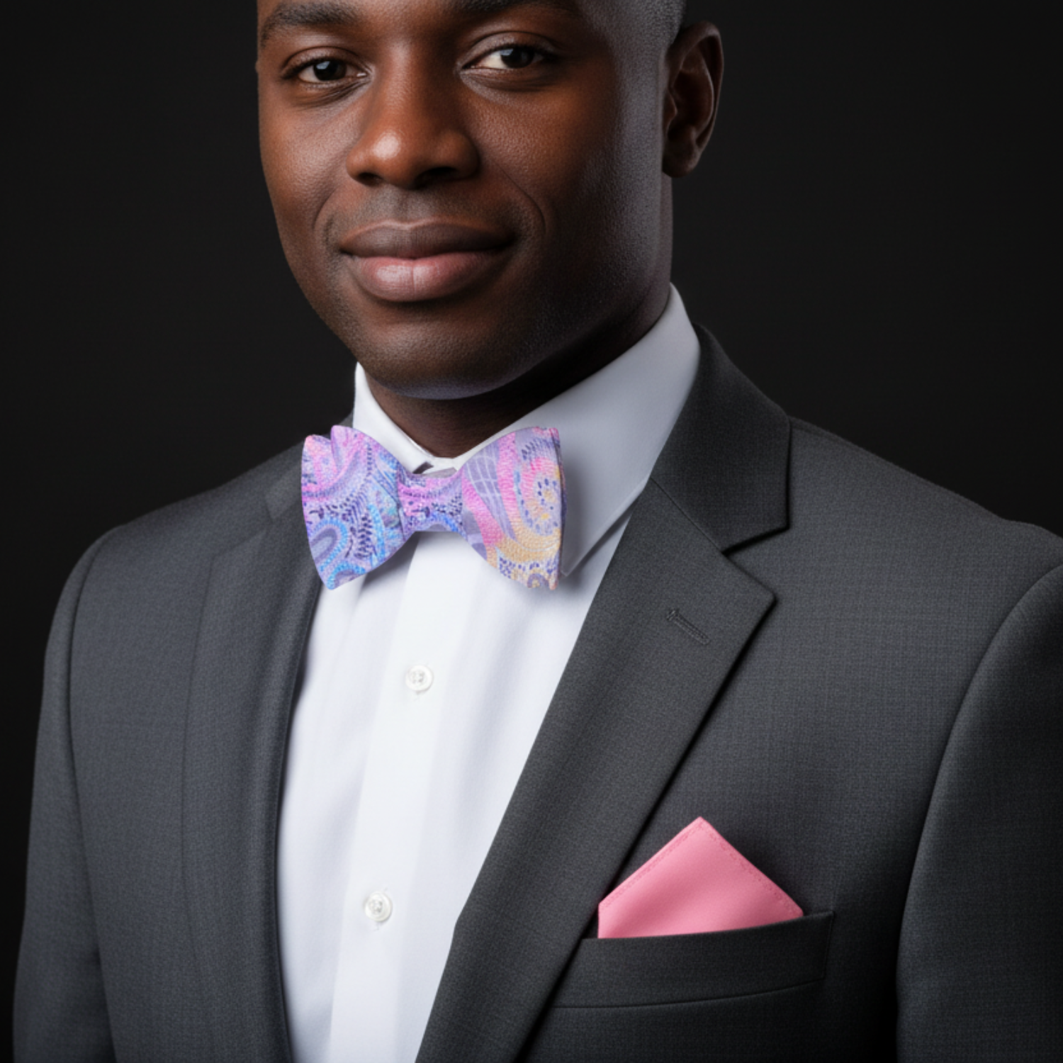 Man wearing a gray suit with a colorful bow tie and pink pocket square on a black background