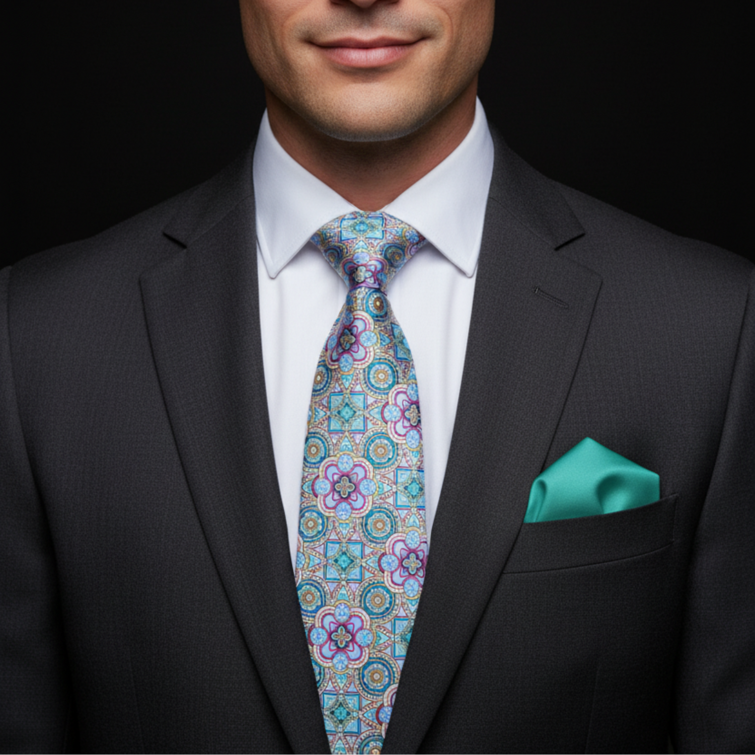 Man wearing a dark suit with a colorful tie and teal pocket square on a black background