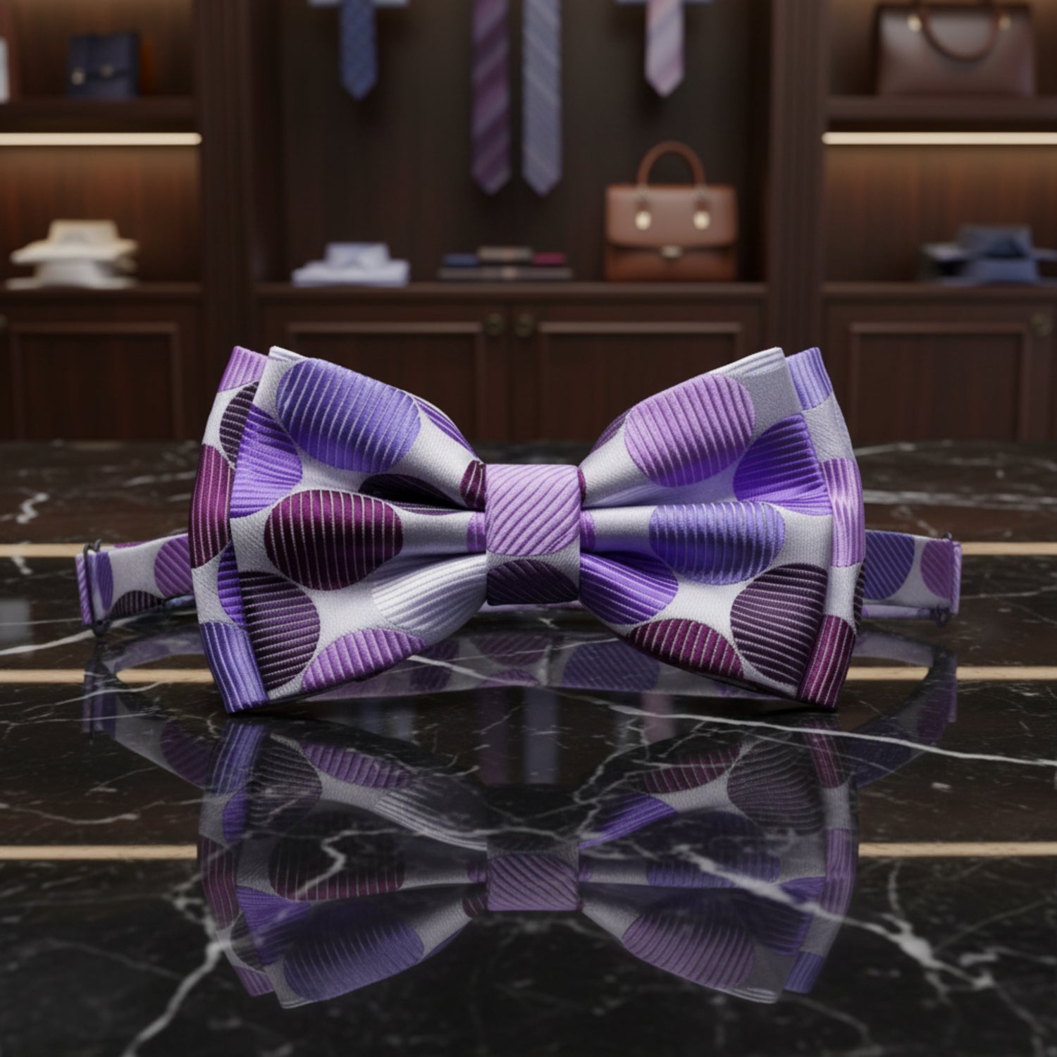 white with purple dots bow tie on marble