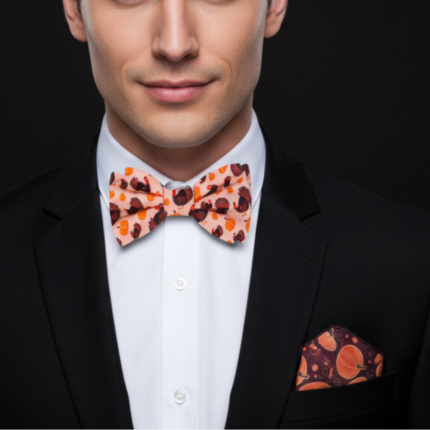 Man wearing a black suit with a patterned bow tie and pocket square on a dark background