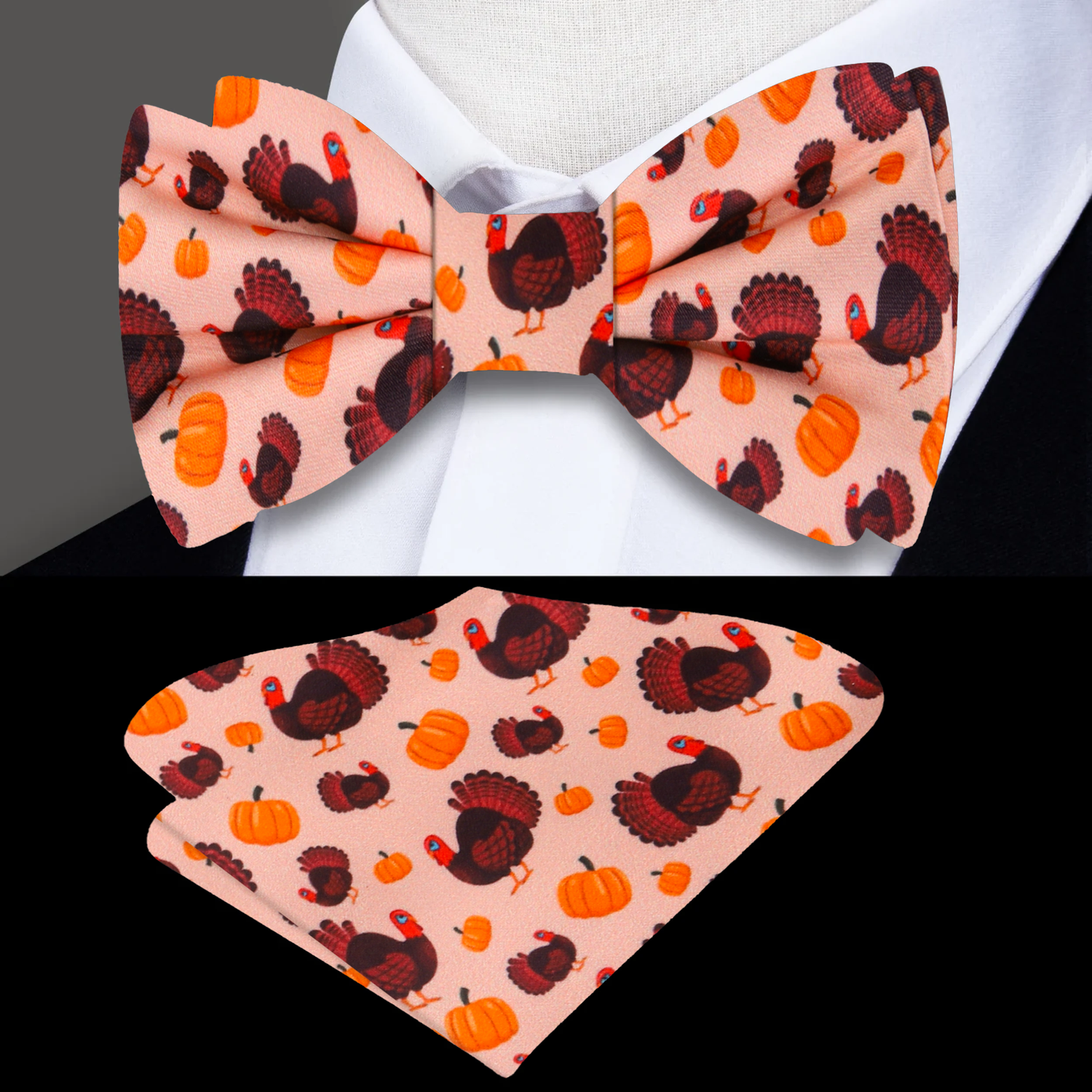 Brown, Orange Turkeys and Pumpkins Bow Tie and Pocket Square