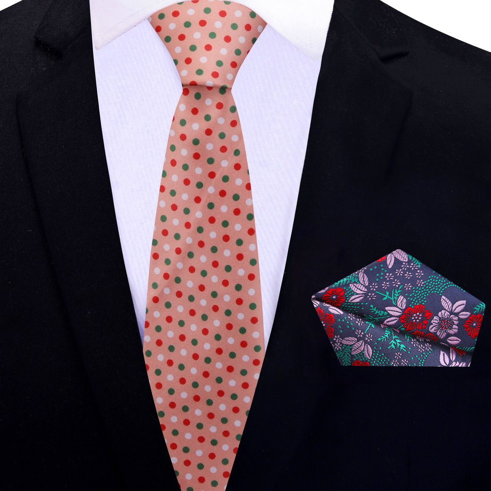Thin Salmon, Red, Green Polka Tie and Purple Pink and Red with Green Floral Square