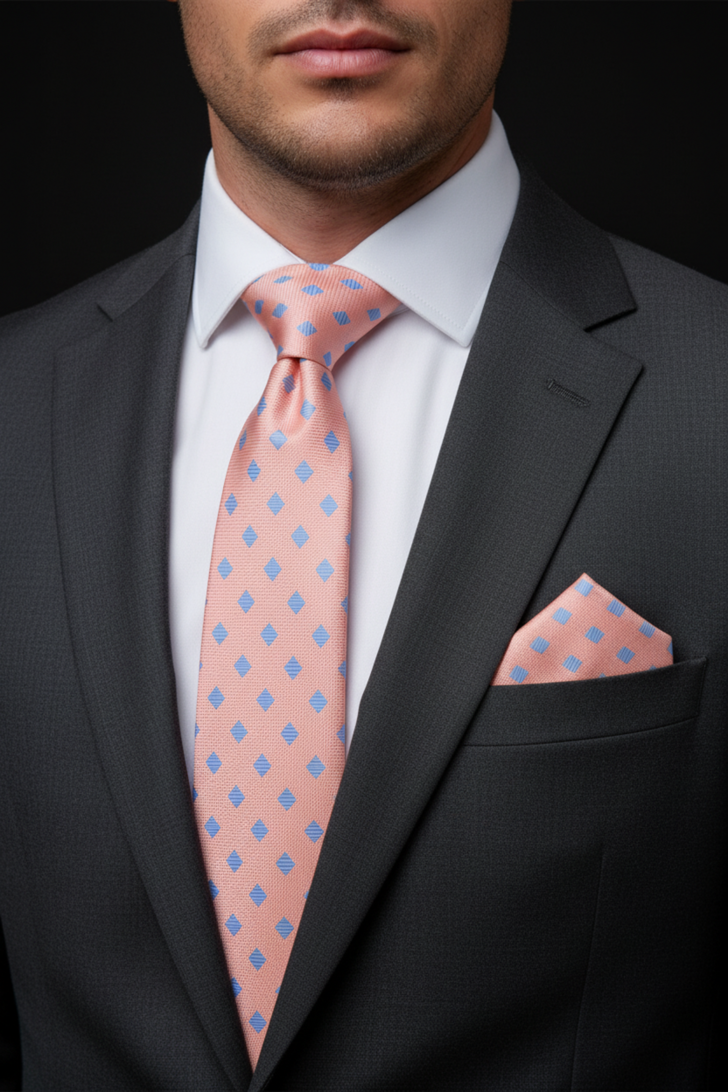 Man wearing a black suit with a pink tie and matching pocket square against a dark background