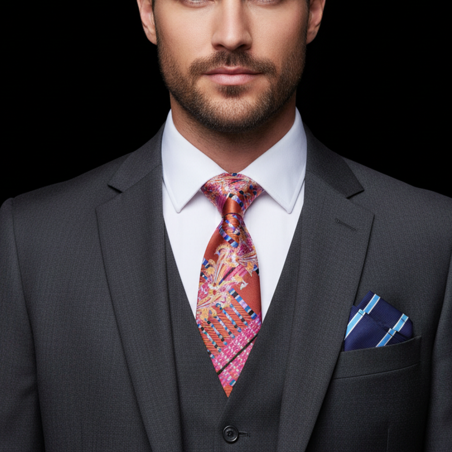 Man wearing a gray suit with a colorful tie and blue pocket square on a black background