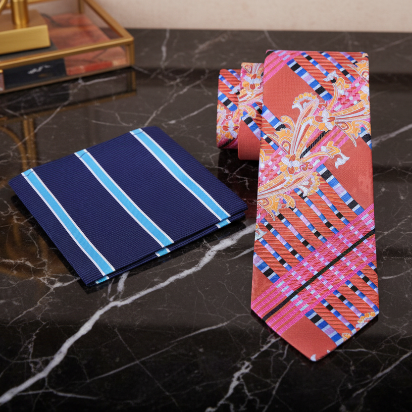 Alt Primary A Peach, Orange, Blue Intricate Abstract Floral Pattern Necktie, Blue, Light Blue Stripe Pocket Square
