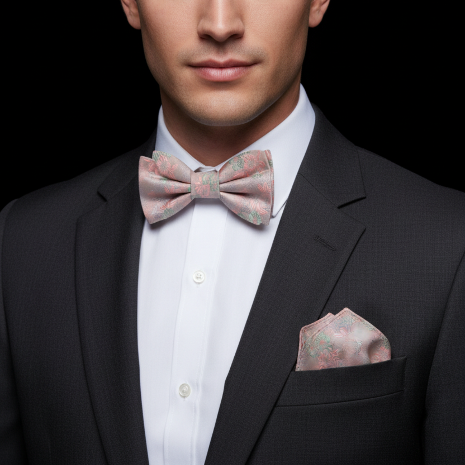 Man wearing a black suit with a patterned bow tie and pocket square on a black background