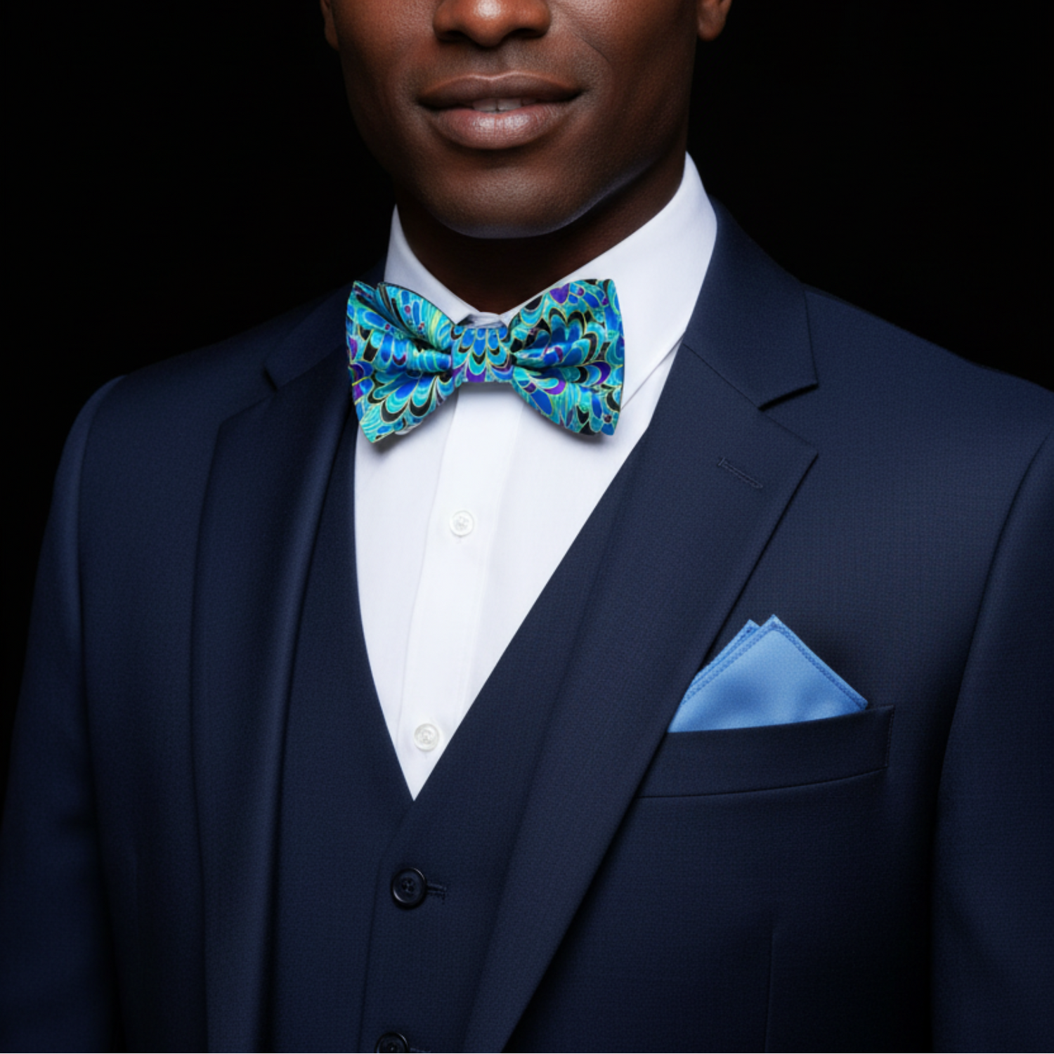 Blue, Black, Purple, Yellow Peacock Bow Tie and Blue Square