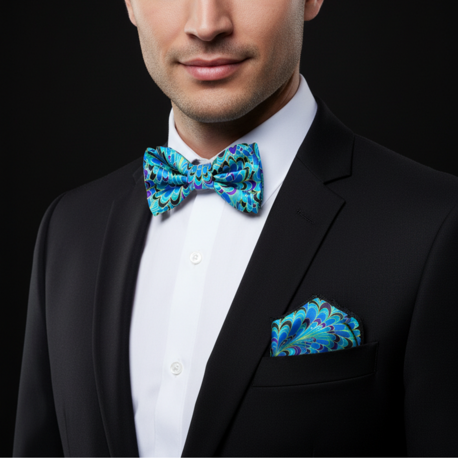 Blue, Black, Purple, Yellow Peacock Bow Tie and matching Square
