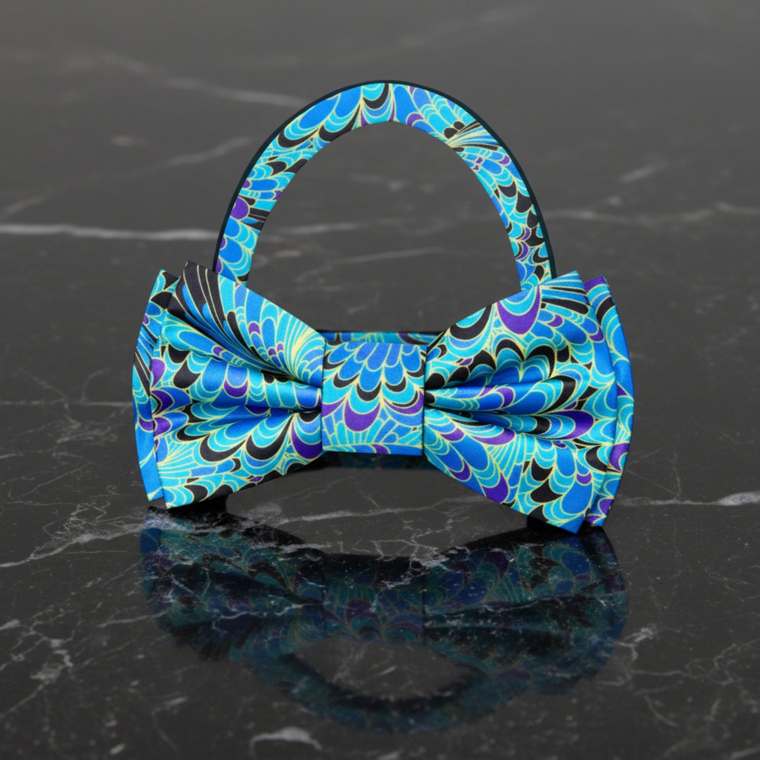 Blue, Black, Purple, Yellow Peacock Bow Tie Pre Tied