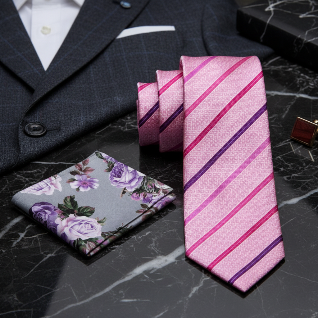 Pink stripe Tie and Accenting Floral Square