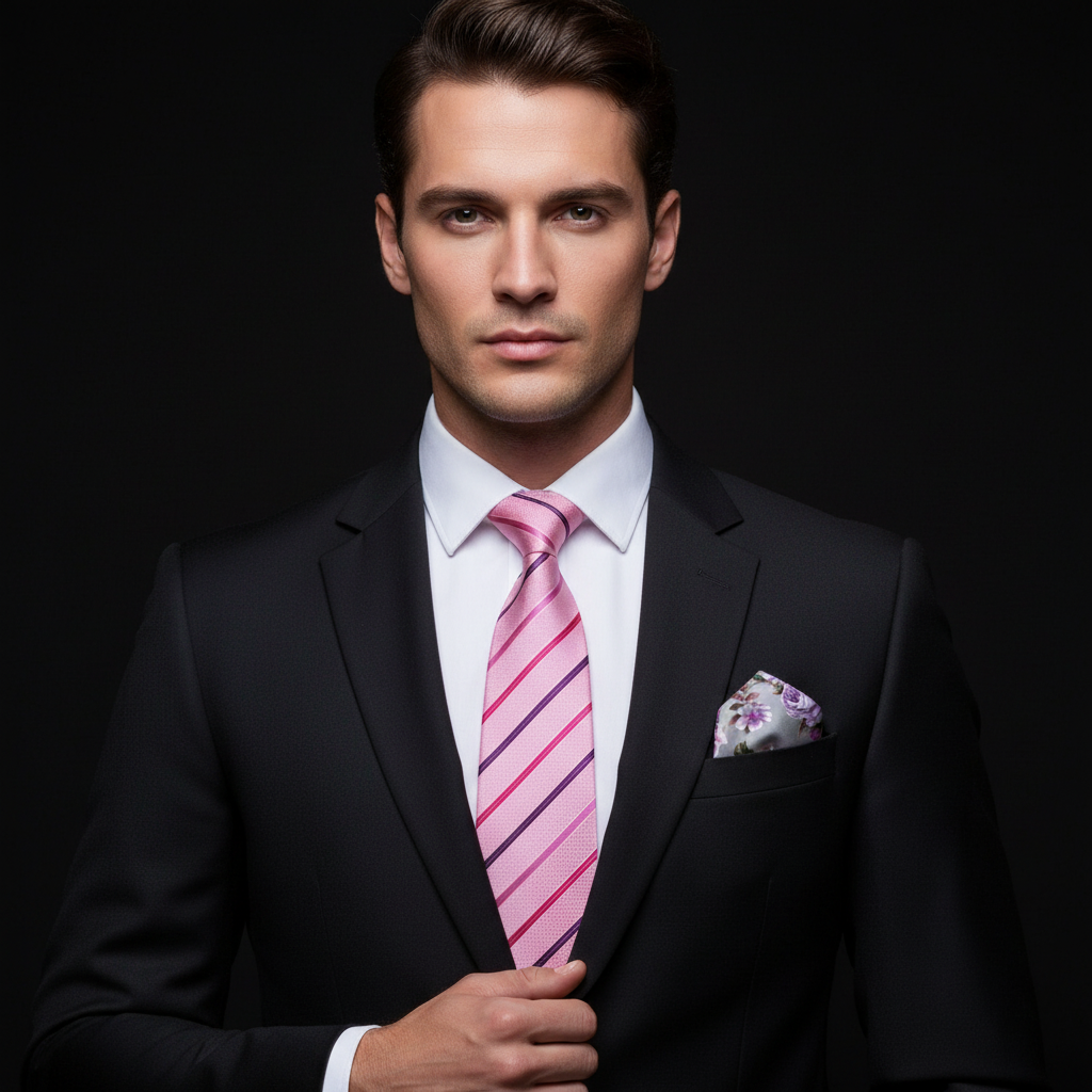 Man wearing a black suit with a pink striped tie against a dark background