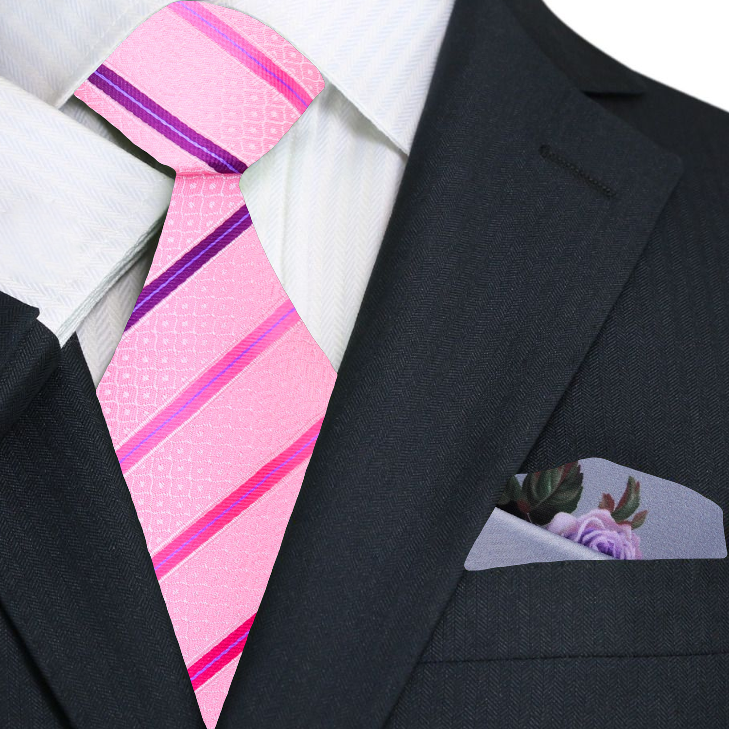 Premkum Pink stripe Tie and Accenting Floral Square