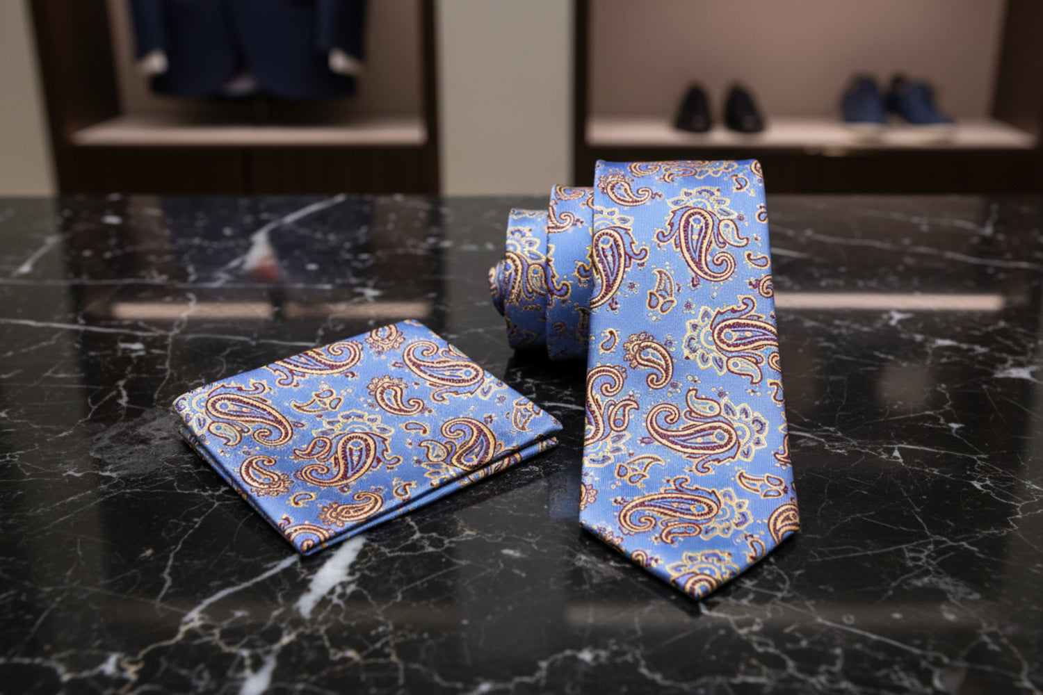 Alt A Deep Blue, Tan Paisley Pattern Necktie, Matching Pocket Square
