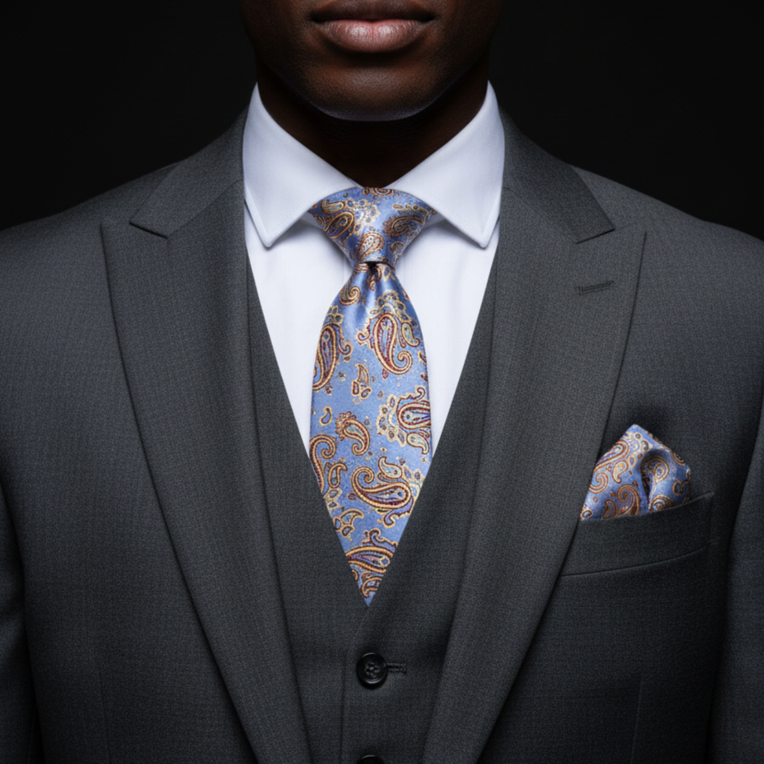 Man wearing a gray suit with a blue paisley tie and pocket square against a black background