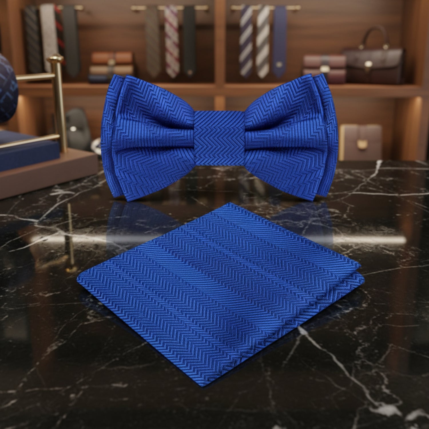 blue bow tie and square on marble