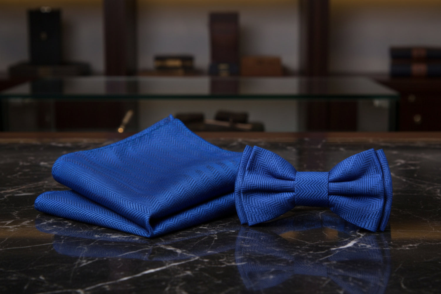 on marble blue bow tie and square