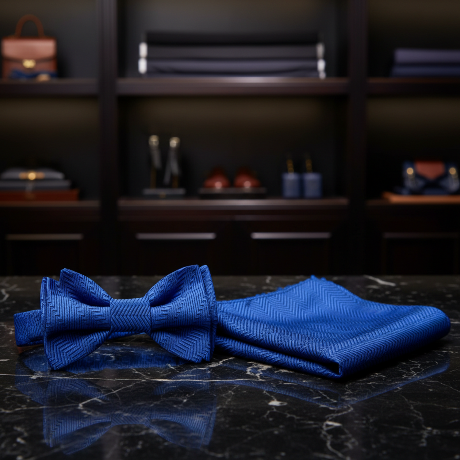 Main: A Solid Persian Blue Pattern Self Tie Bow Tie, Matching Pocket Square||Persian Blue