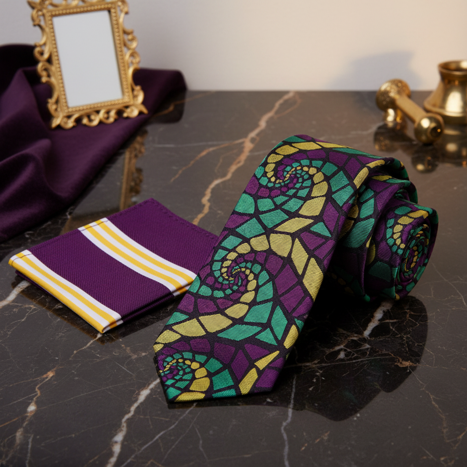 Purple, Green and Yellow Abstract Swirl Necktie and accenting square