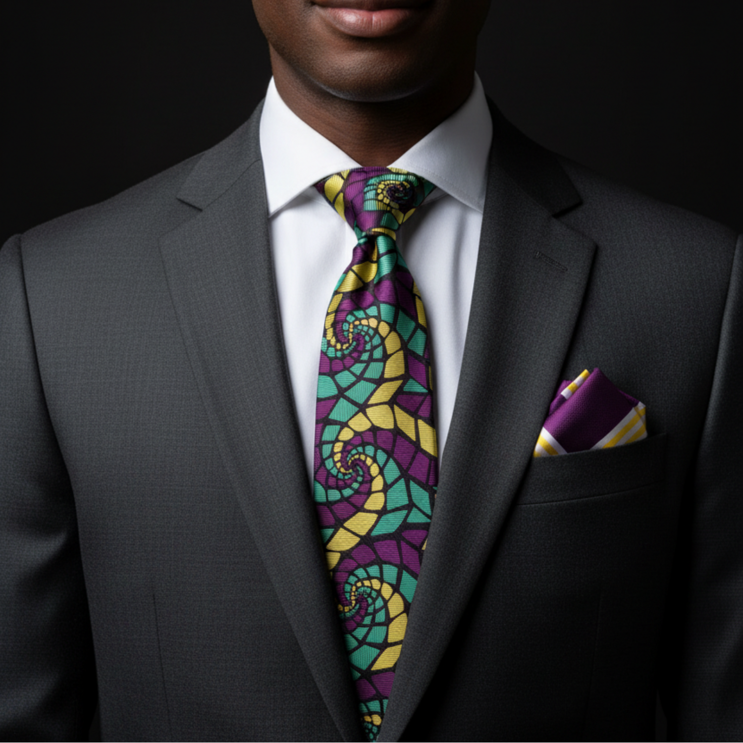 Man wearing a gray suit with a colorful tie and pocket square on a black background
