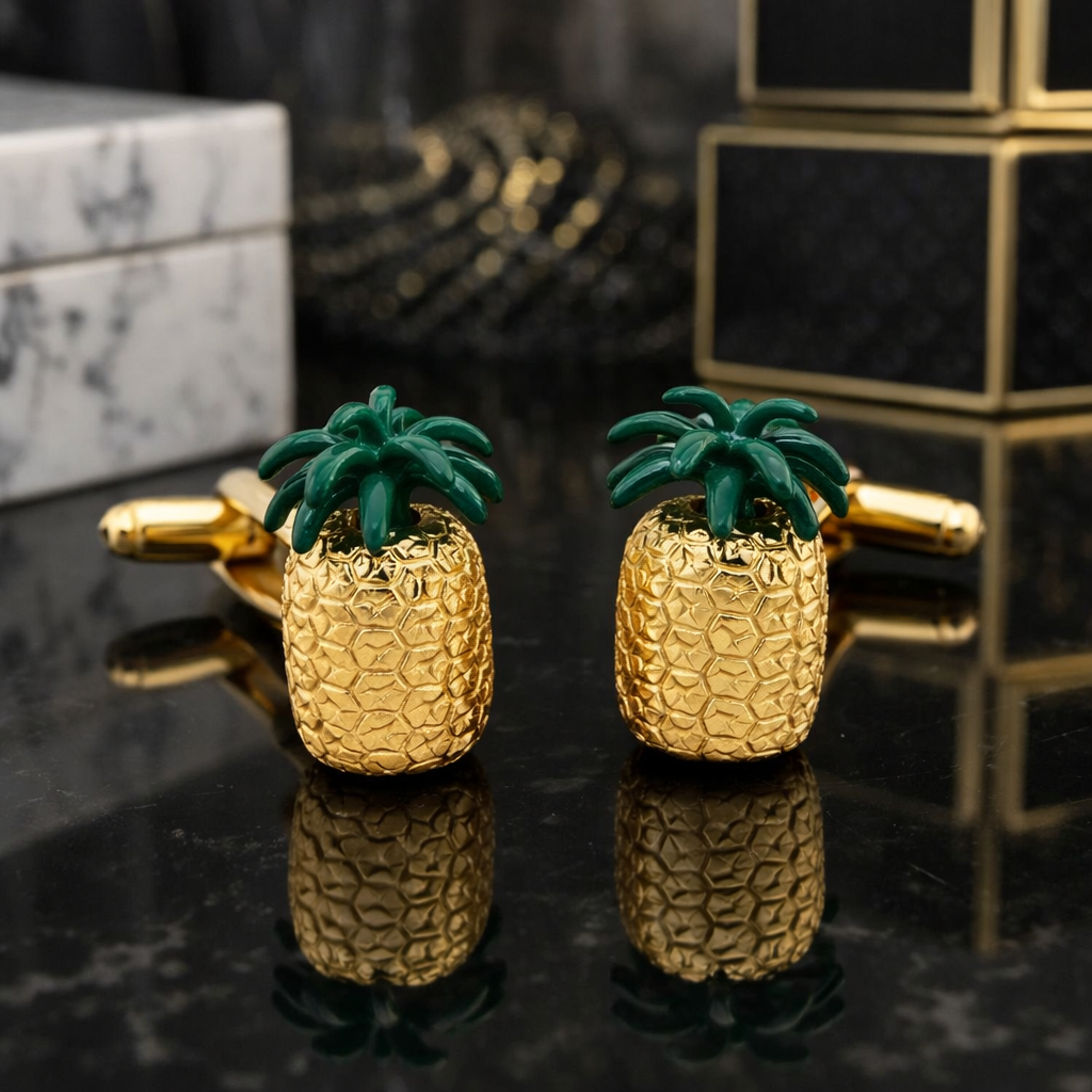 Gold pineapple cufflinks with green leaves on a reflective surface