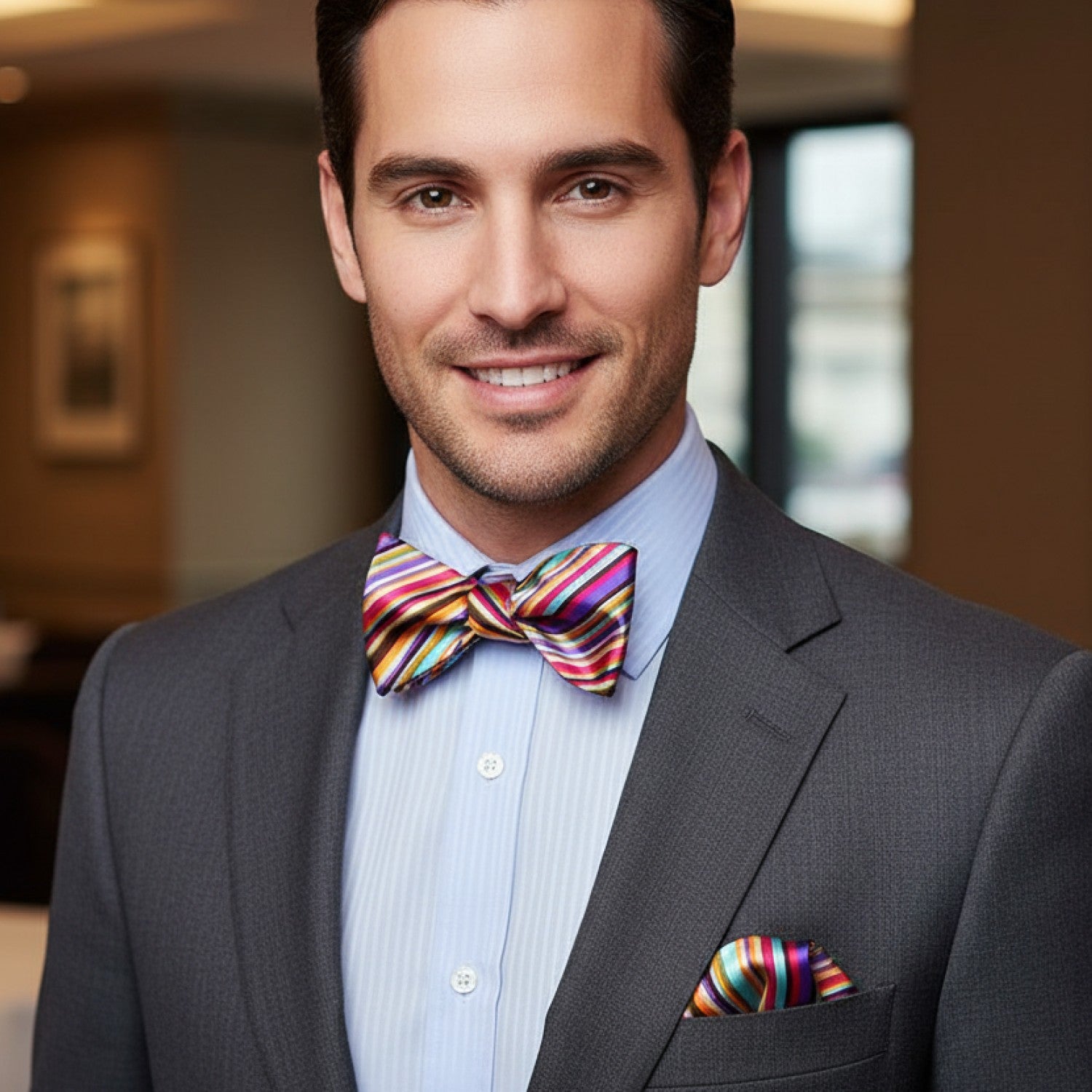Intricate Stripe Bow Tie & Pocket Square | Bold Color, Refined Style