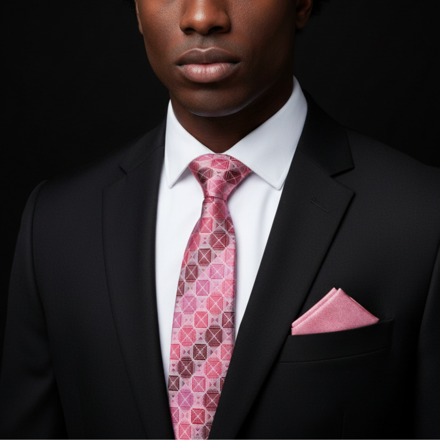 Pink and red geometric tie and square on man