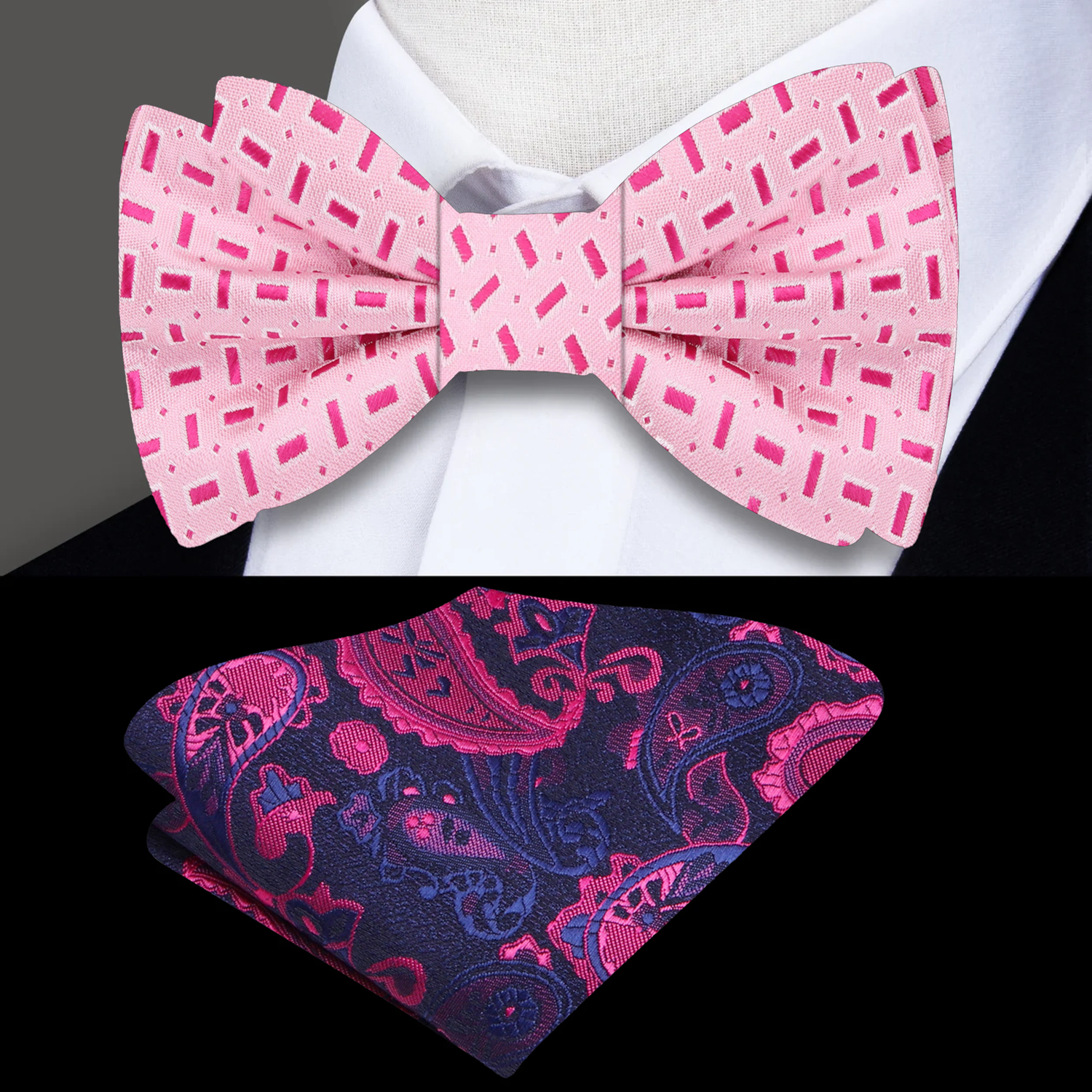 Pink Bars Bow Tie and Blue Pink Paisley Pocket Square 