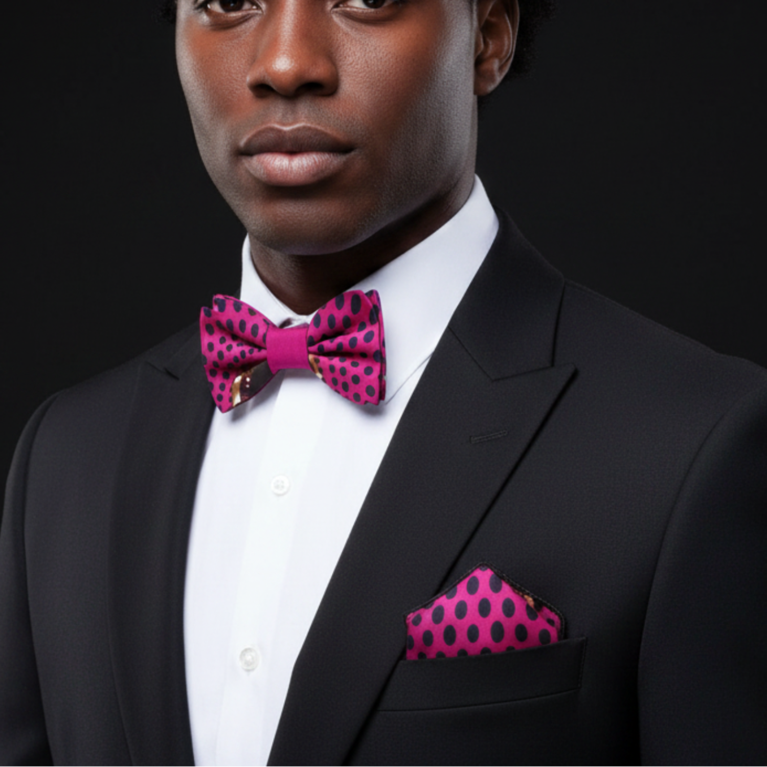 Man wearing a black suit with a pink polka dot bow tie and pocket square on a black background