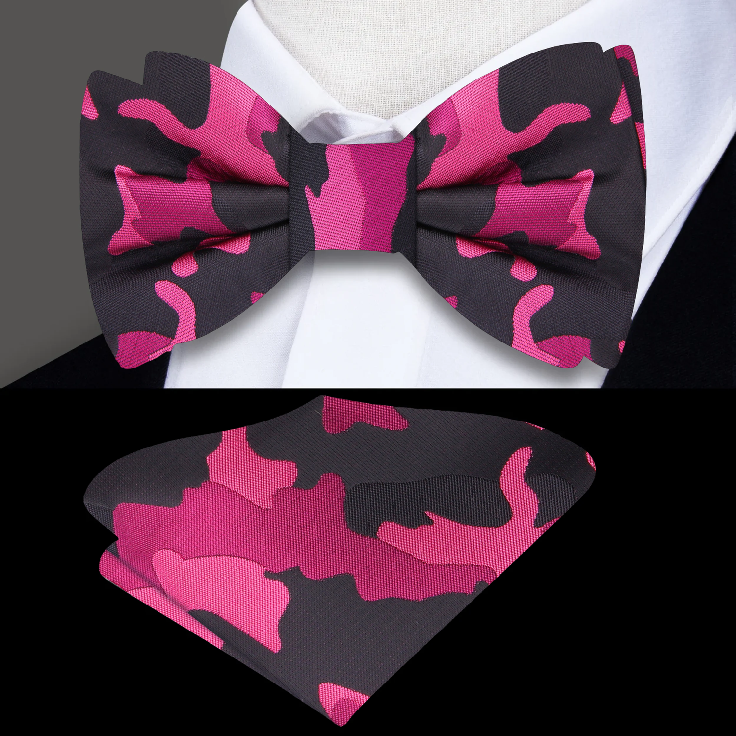 A Pink, Dark Pink, Black Color Fleck Camouflage Pattern Bow Tie, Pocket Square||Pink