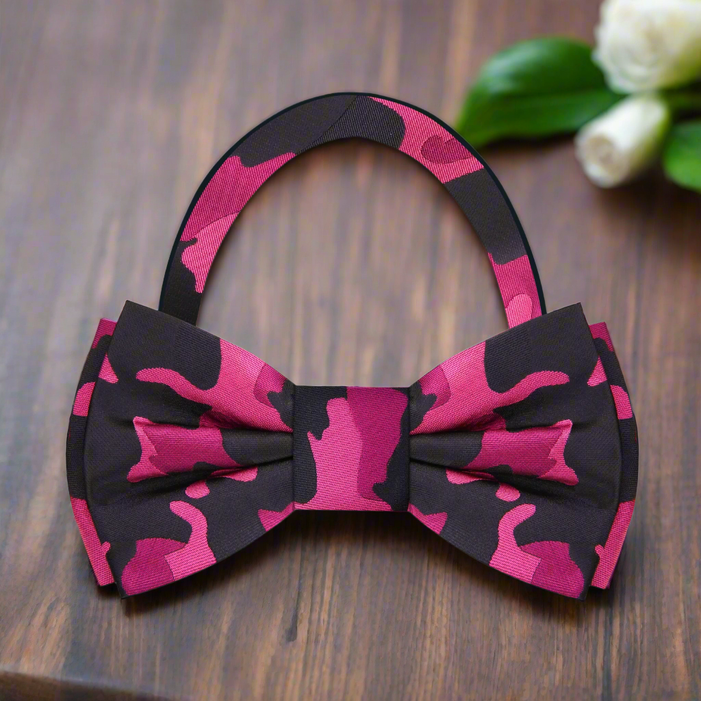 Pre Tied: A Pink, Dark Pink, Black Color Fleck Camouflage Pattern Bow Tie
