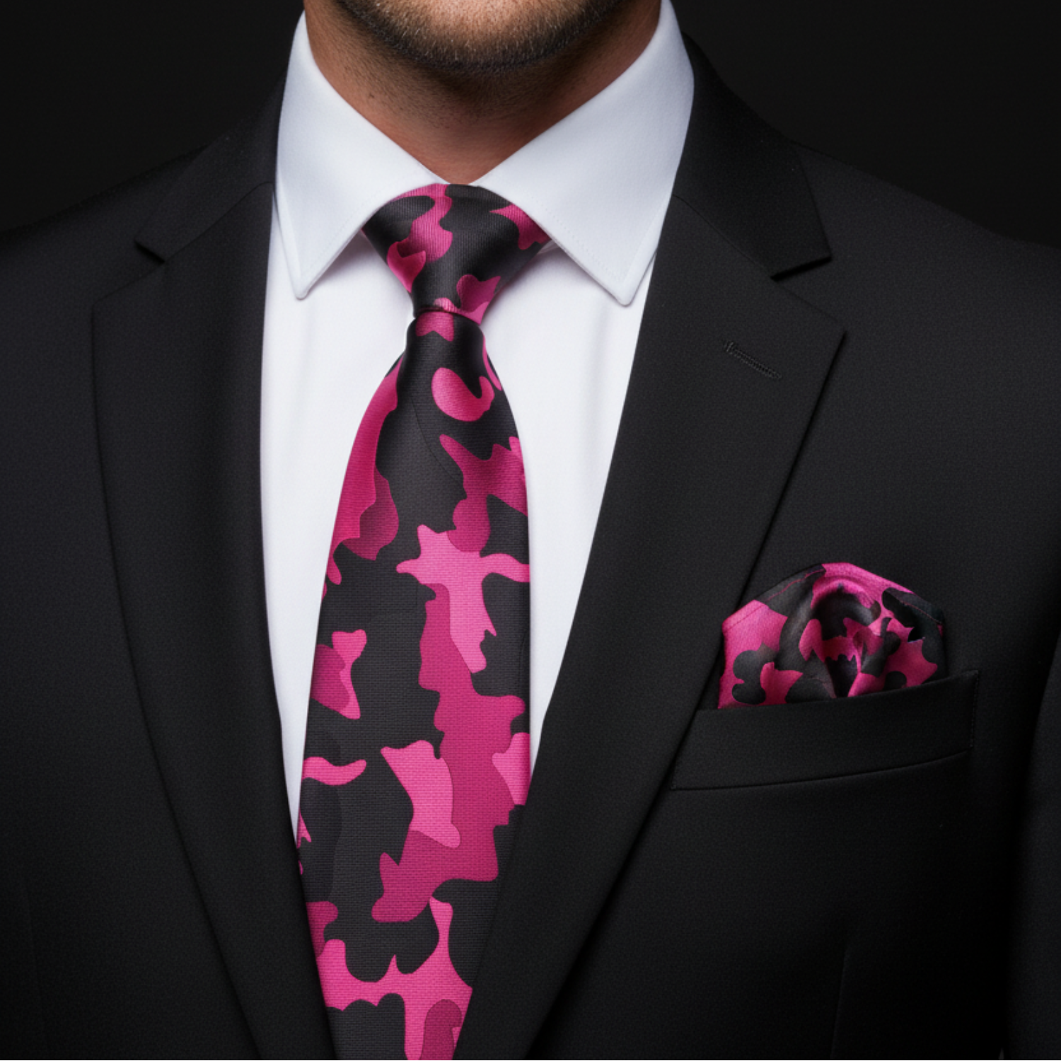 Man wearing a black suit with a pink and black patterned tie and pocket square.