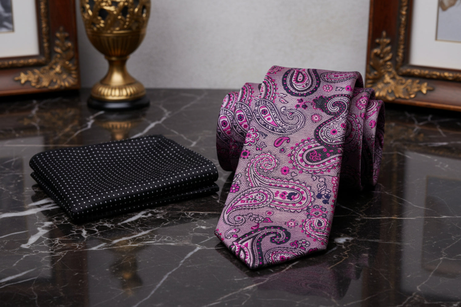 Alt View; Pink, Black Paisley Necktie with Black Square