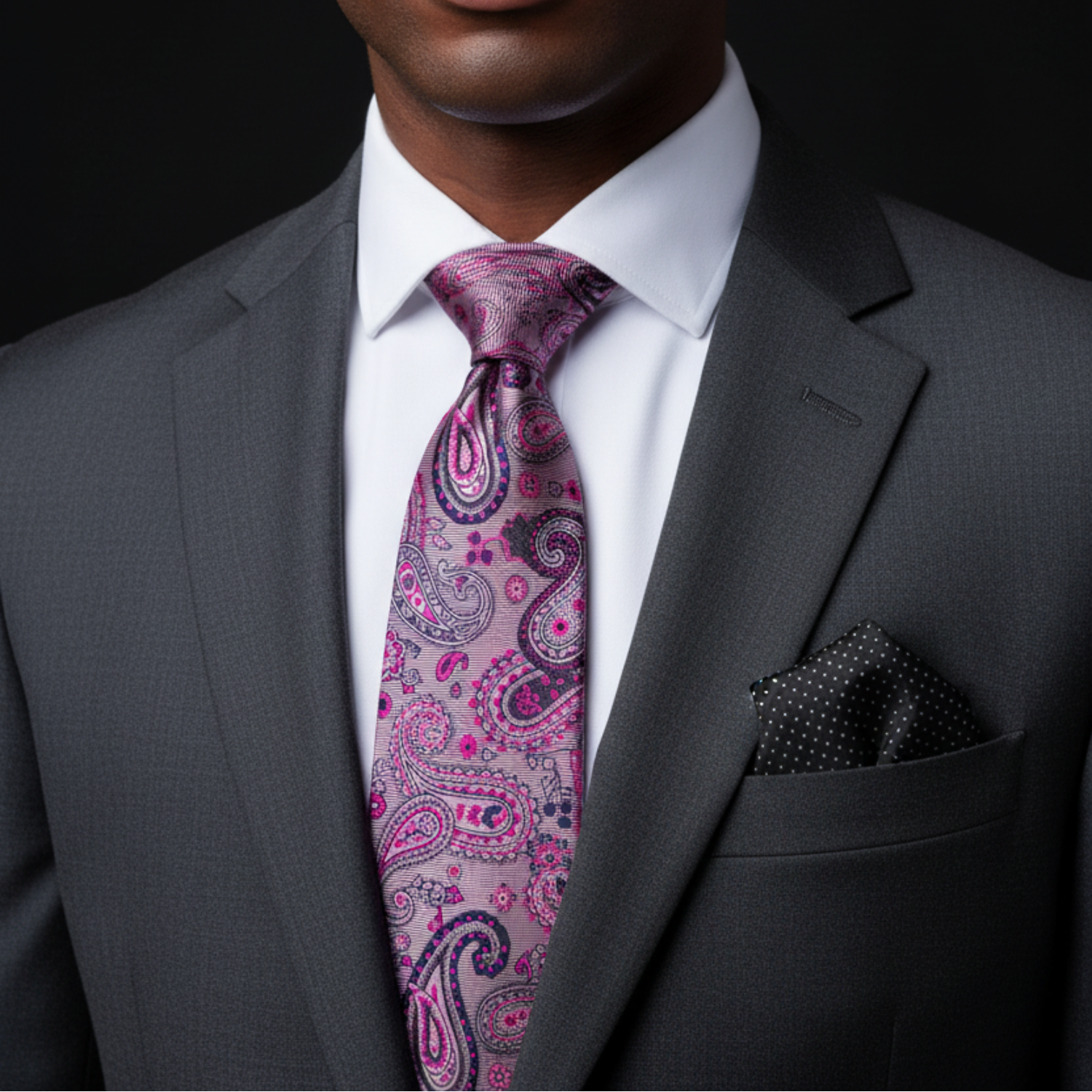 Man wearing a gray suit with a pink paisley tie and accenting pocket square.