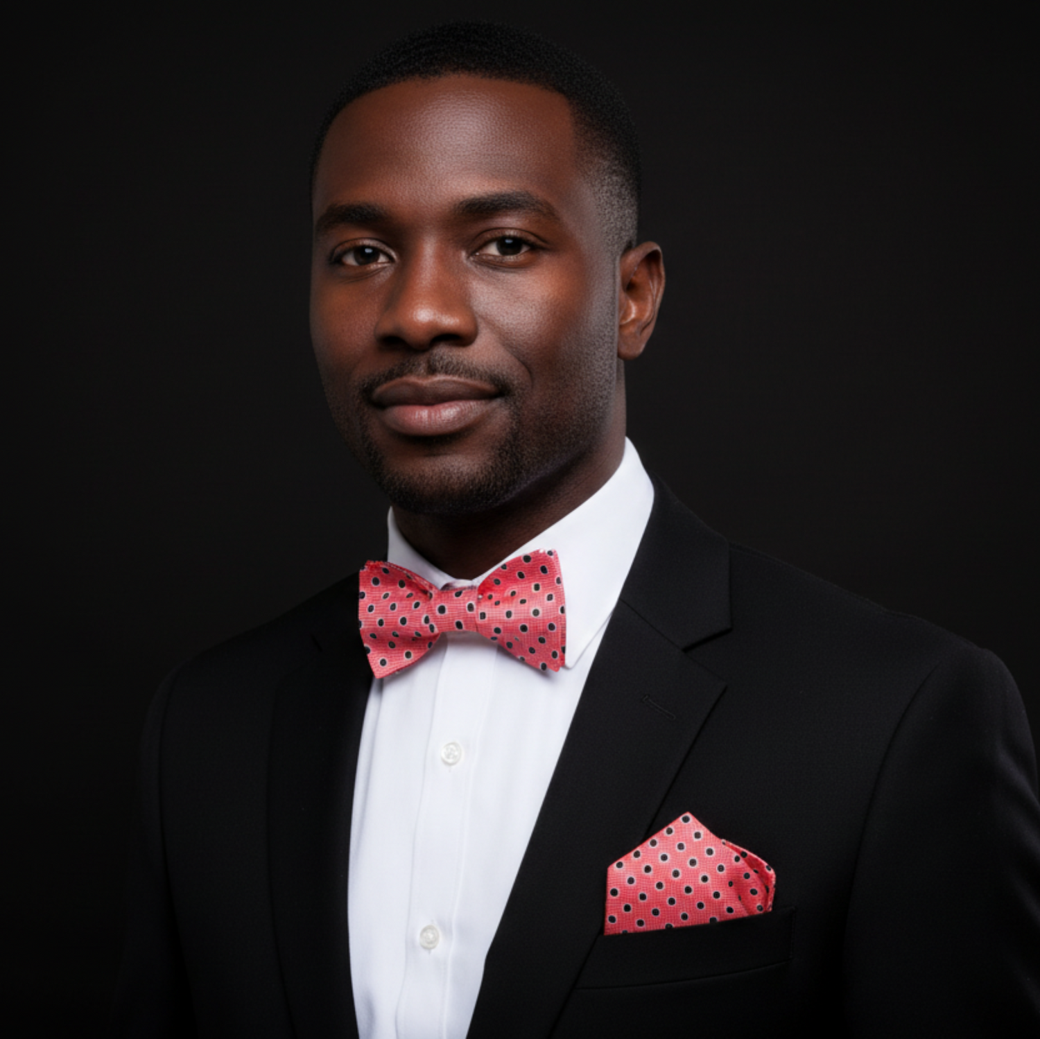 Man wearing a black suit with a red polka dot bow tie and pocket square on a black background