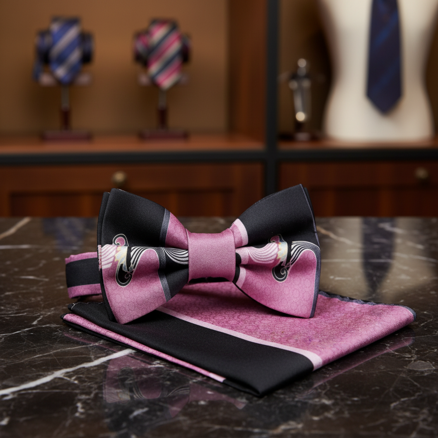Pink Black Abstract Bow Tie and Pocket Square||Mauve