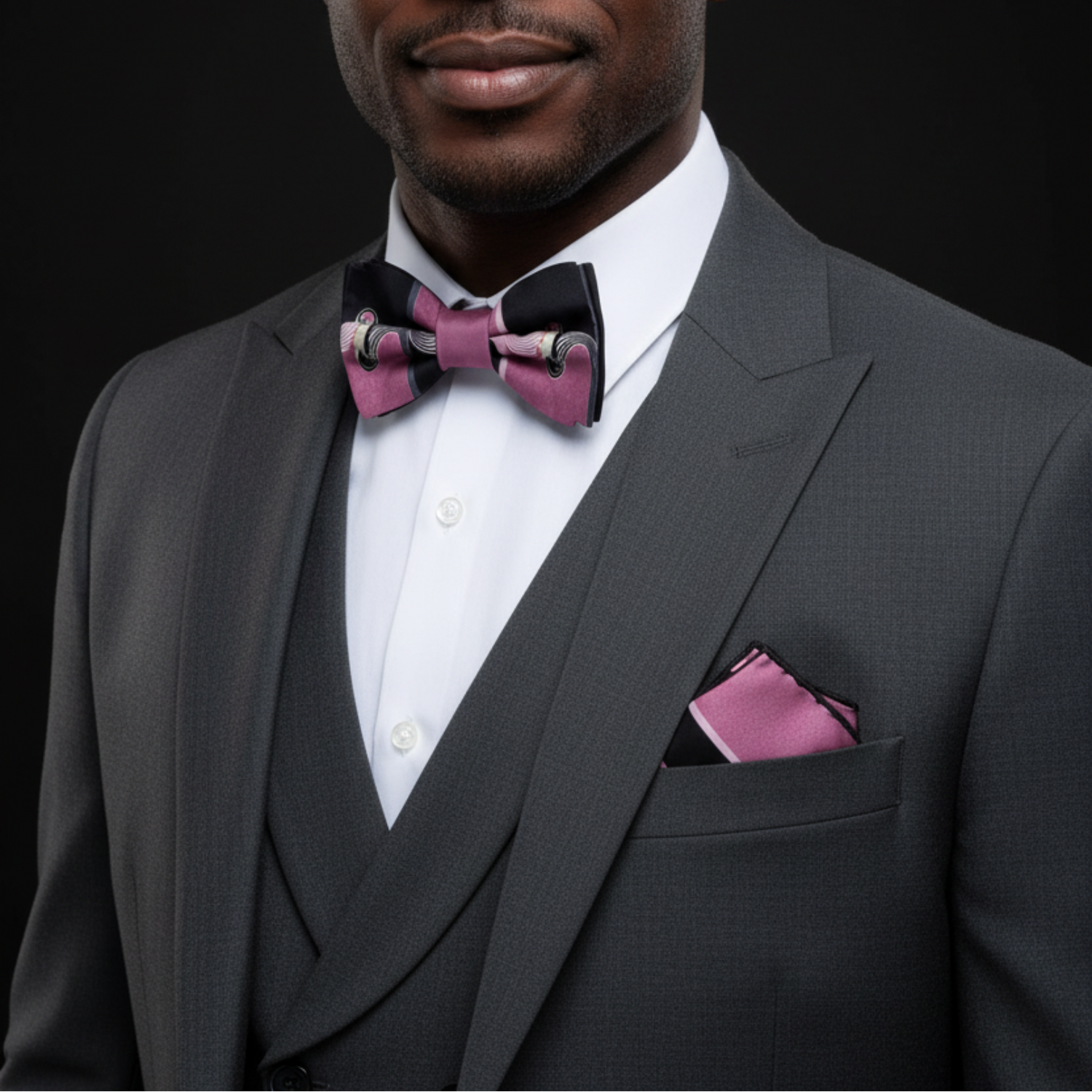 Man wearing a gray suit with a white shirt, pink bow tie, and pocket square on a black background