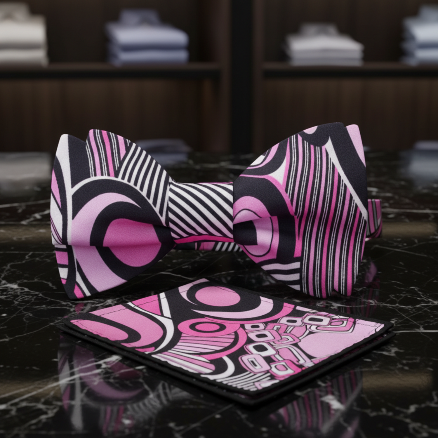 Pink, Black, White Abstract Bow Tie and Pocket Square||Pink, White, Black