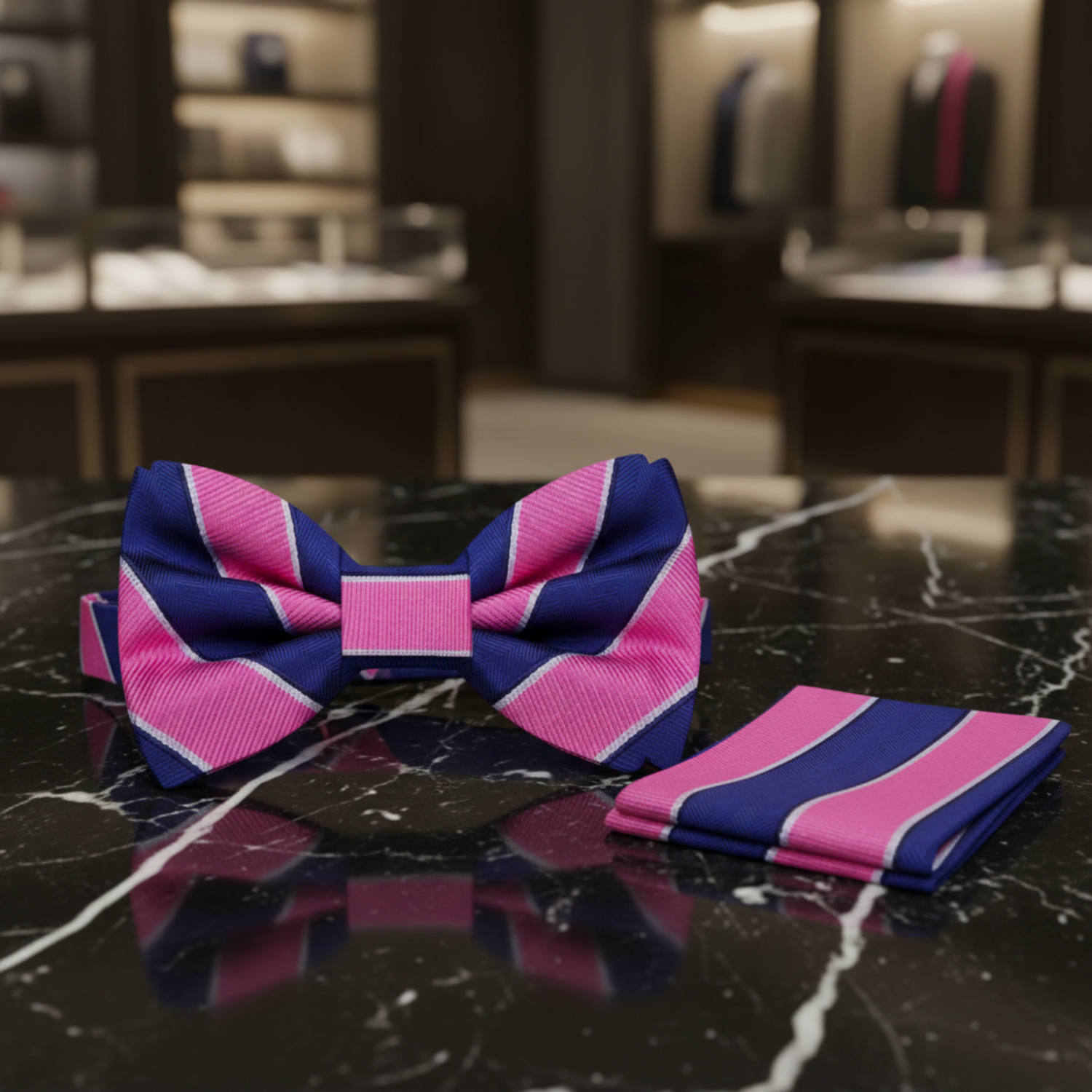 A Dark Blue, Pink and Light Grey Stripe Pattern Bow Tie, Matching Pocket Square