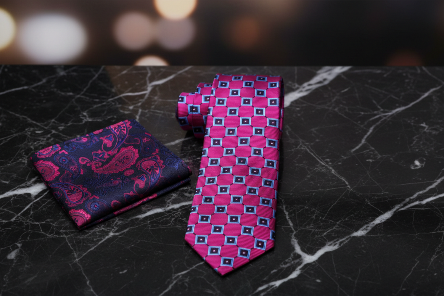 Alt View: Pink Geometric Necktie and Accenting Blue and Pink Paisley Square