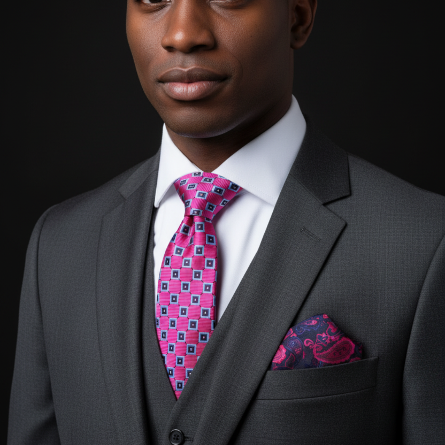 Man wearing a gray suit with a pink patterned tie and pocket square against a black background