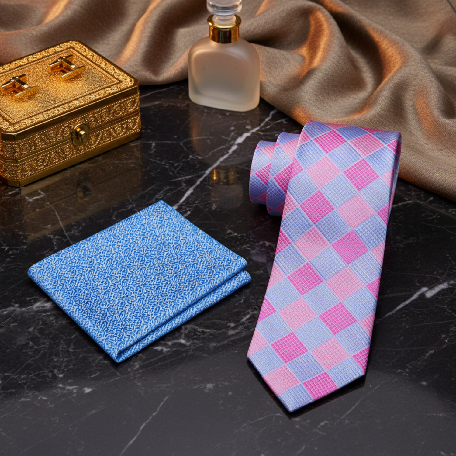 Pink and blue checkered tie with accenting blue pocket square view 2