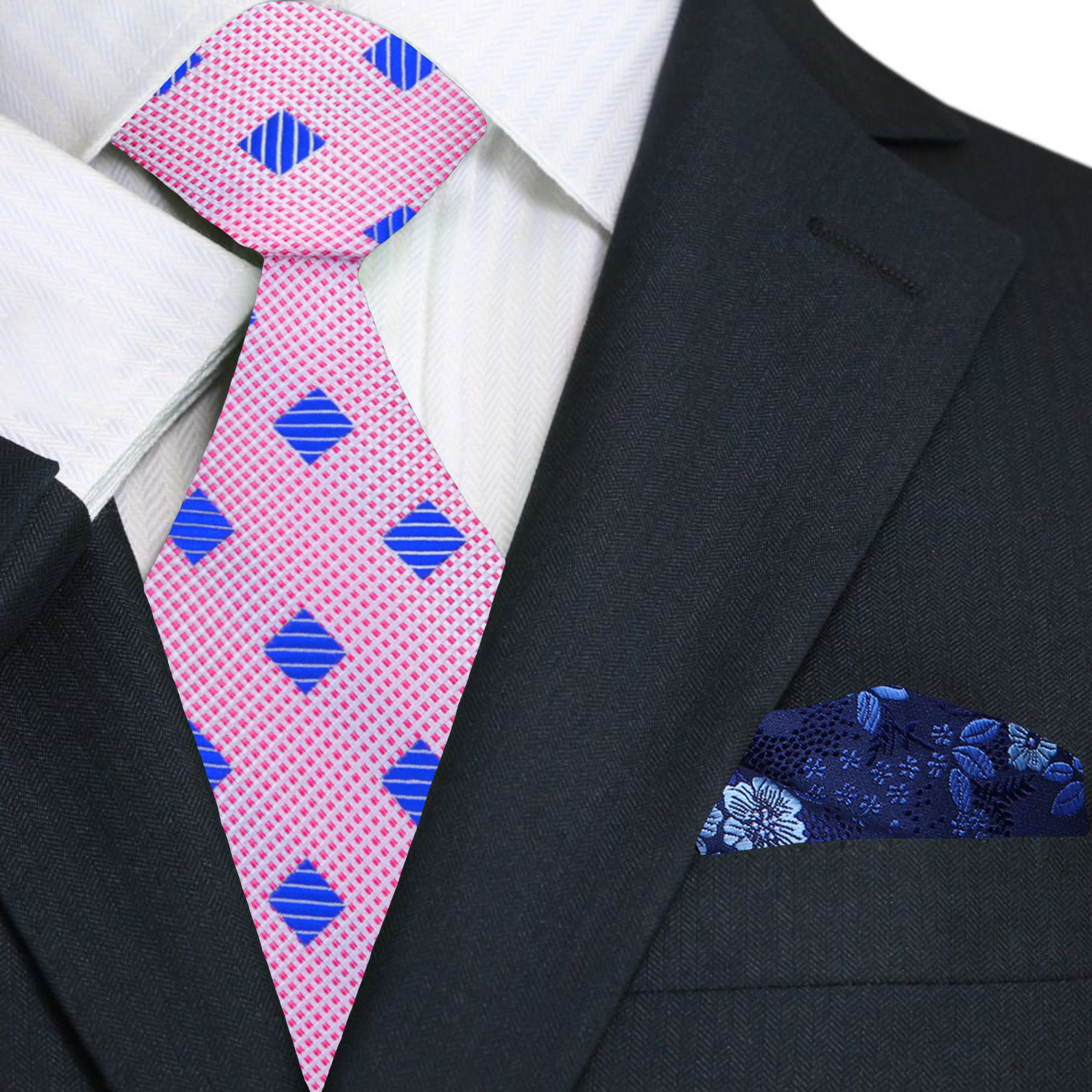 A Pink, Blue Geometric Diamond Pattern Necktie, Blue Pocket Square