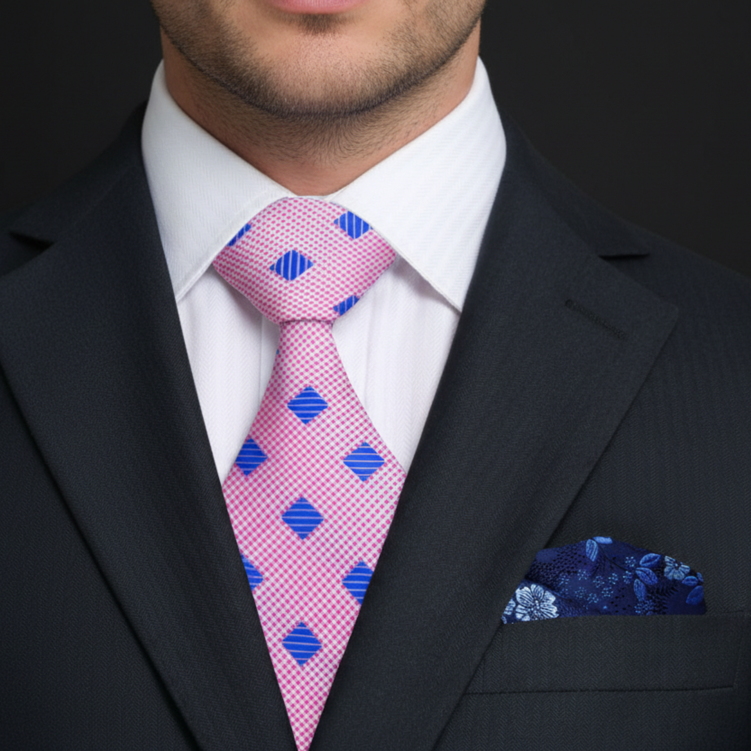 Pink Blue Diamonds Tie and Accenting Floral Square