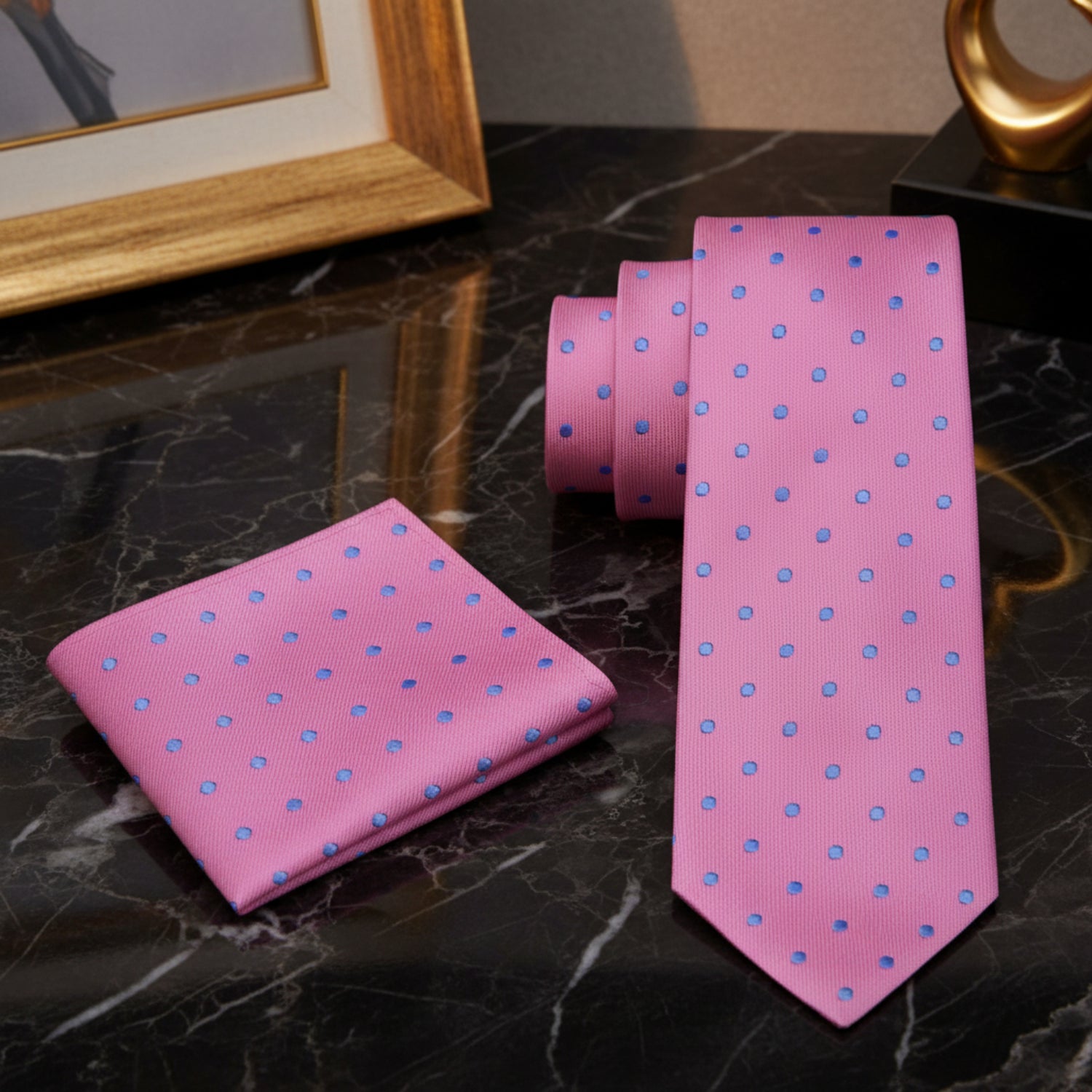 Alt View: A Pink, Light Blue Small Polka Dots Pattern Necktie, Matching Pocket Square||Pink with Blue Dots